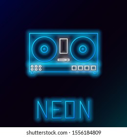 Blue glowing neon line DJ remote for playing and mixing music icon isolated on black background. DJ mixer complete with vinyl player and remote control. Colorful outline concept. Vector Illustration