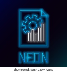 Blue glowing neon line Document with graph chart icon isolated on black background. Report text file icon. Accounting sign. Audit, analysis, planning. Colorful outline concept. Vector Illustration