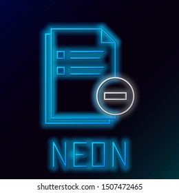 Blue glowing neon line Document with minus icon isolated on black background. Clear document. Remove file document. Delete information file. Colorful outline concept. Vector Illustration