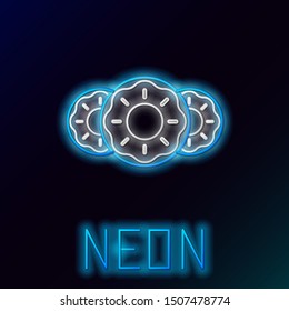 Blue glowing neon line Donut with sweet glaze icon isolated on black background. Colorful outline concept. Vector Illustration