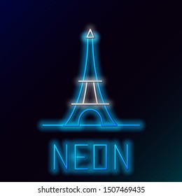 Blue glowing neon line Eiffel tower icon isolated on black background. France Paris landmark symbol. Colorful outline concept. Vector Illustration