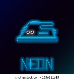 Blue glowing neon line Electric iron icon isolated on black background. Steam iron. Colorful outline concept. Vector Illustration