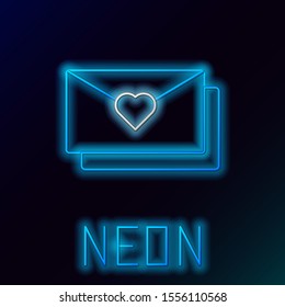 Blue glowing neon line Envelope with Valentine heart icon isolated on black background. Message love. Letter love and romance. Colorful outline concept. Vector Illustration