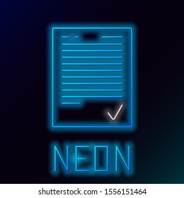 Blue glowing neon line Exam sheet with check mark icon isolated on black background. Test paper, exam, or survey concept. School test or exam. Colorful outline concept. Vector Illustration