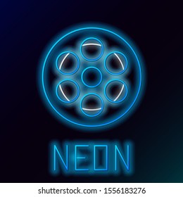 Blue glowing neon line Film reel icon isolated on black background. Colorful outline concept. Vector Illustration