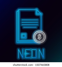 Blue glowing neon line Finance document icon isolated on black background. Paper bank document with dollar coin for invoice or bill concept. Colorful outline concept. Vector Illustration