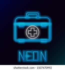 Blue glowing neon line First aid kit icon isolated on black background. Medical box with cross. Medical equipment for emergency. Healthcare concept. Colorful outline concept. Vector Illustration