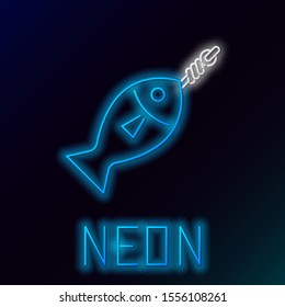 Blue glowing neon line Fish on hook icon isolated on black background. Colorful outline concept. Vector Illustration