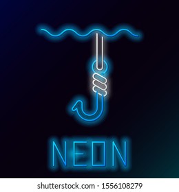 Blue glowing neon line Fishing hook under water icon isolated on black background. Fishing tackle. Colorful outline concept. Vector Illustration
