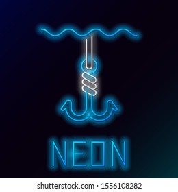 Blue glowing neon line Fishing hook under water icon isolated on black background. Fishing tackle. Colorful outline concept. Vector Illustration