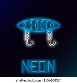 Blue glowing neon line Fishing lure icon isolated on black background. Fishing tackle. Colorful outline concept. Vector Illustration