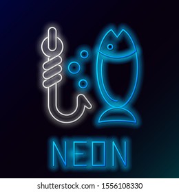 Blue glowing neon line Fishing icon isolated on black background. Fish and hook. Strategy concept. Bait sign. Colorful outline concept. Vector Illustration