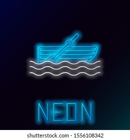 Blue glowing neon line Fishing boat with oars on water icon isolated on black background. Colorful outline concept. Vector Illustration