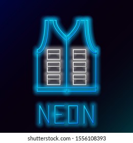 Blue glowing neon line Fishing jacket icon isolated on black background. Fishing vest. Colorful outline concept. Vector Illustration