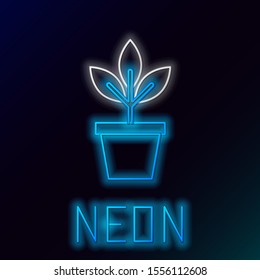 Blue glowing neon line Flowers in pot icon isolated on black background. Plant growing in a pot. Potted plant sign. Colorful outline concept. Vector Illustration