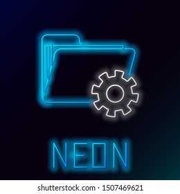 Blue glowing neon line Folder settings with gears icon isolated on black background. Software update, transfer protocol, teamwork tool management. Colorful outline concept. Vector Illustration