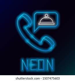 Blue glowing neon line Food ordering icon isolated on black background. Order by mobile phone. Restaurant food delivery concept. Colorful outline concept. Vector Illustration