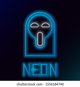 Blue glowing neon line Funny and scary ghost mask for Halloween icon isolated on black background. Happy Halloween party. Colorful outline concept. Vector Illustration