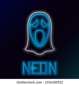 Blue glowing neon line Funny and scary ghost mask for Halloween icon isolated on black background. Happy Halloween party. Colorful outline concept. Vector Illustration