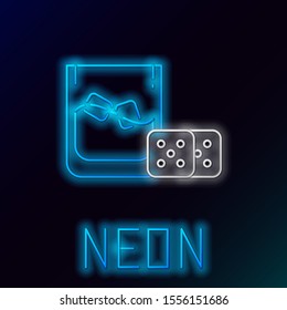 Blue glowing neon line Game dice and glass of whiskey with ice cubes icon isolated on black background. Casino gambling. Colorful outline concept. Vector Illustration