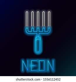 Blue glowing neon line Garden rake in work icon isolated on black background. Tool for horticulture, agriculture, farming. Ground cultivator. Colorful outline concept. Vector Illustration