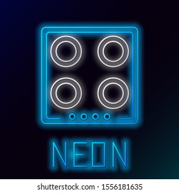Blue glowing neon line Gas stove icon isolated on black background. Cooktop sign. Hob with four circle burners. Colorful outline concept. Vector Illustration