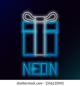Blue glowing neon line Gift box icon isolated on black background. Colorful outline concept. Vector Illustration
