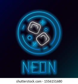 Blue glowing neon line Glass of whiskey and ice cubes icon isolated on black background. Colorful outline concept. Vector Illustration