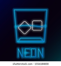 Blue glowing neon line Glass of whiskey and ice cubes icon isolated on black background. Colorful outline concept. Vector Illustration