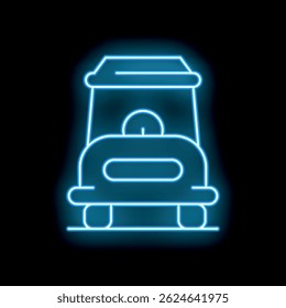 Blue glowing neon line golf cart icon isolated on black background. Vector illustration