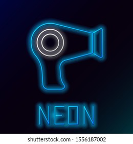 Blue glowing neon line Hair dryer icon isolated on black background. Hairdryer sign. Hair drying symbol. Blowing hot air. Colorful outline concept. Vector Illustration