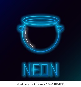 Blue glowing neon line Halloween witch cauldron icon isolated on black background. Happy Halloween party. Colorful outline concept. Vector Illustration