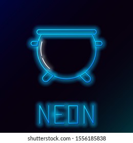 Blue glowing neon line Halloween witch cauldron icon isolated on black background. Happy Halloween party. Colorful outline concept. Vector Illustration