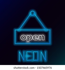 Blue glowing neon line Hanging sign with text Open door icon isolated on black background. Colorful outline concept. Vector Illustration