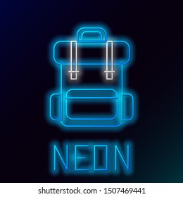 Blue glowing neon line Hiking backpack icon isolated on black background. Camping and mountain exploring backpack. Colorful outline concept. Vector Illustration