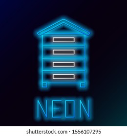 Blue glowing neon line Hive for bees icon isolated on black background. Beehive symbol. Apiary and beekeeping. Sweet natural food. Colorful outline concept. Vector Illustration