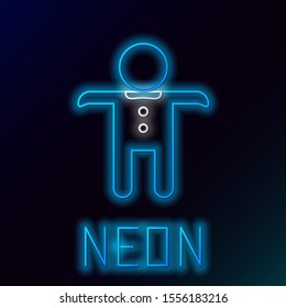 Blue glowing neon line Holiday gingerbread man cookie icon isolated on black background. Cookie in shape of man with icing. Colorful outline concept. Vector Illustration