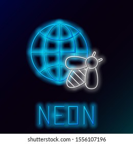 Blue glowing neon line Honeycomb map of the world and bee icon isolated on black background. World bee day. Concept ecological event. Colorful outline concept. Vector Illustration