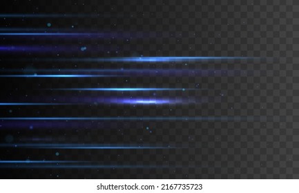 Blue glowing neon line. Blue horizontal lens flares pack. Blurred light trails. Laser beams, horizontal rays. Luminous abstract sparkling lined background. Glowing lines with sparkles. Vector 