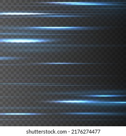 Línea azul brillante de neón. Paquete de bengalas horizontales de lente azul. Rutas de luz borrosas. Vigas láser, rayos horizontales. Luminoso fondo brillante abstracto. Líneas brillantes con destellos. Vector 