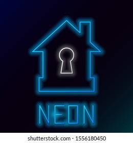 Blue glowing neon line House under protection icon isolated on black background. Protection, safety, security, protect, defense concept. Colorful outline concept. Vector Illustration