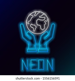 Blue glowing neon line Human hands holding Earth globe icon isolated on black background. Save earth concept. Colorful outline concept. Vector Illustration