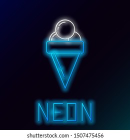 Blue glowing neon line Ice cream in waffle cone icon isolated on black background. Sweet symbol. Colorful outline concept. Vector Illustration