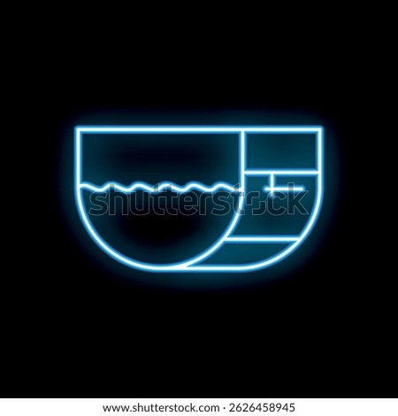 Blue glowing neon line icon of a water reservoir, isolated on a black background