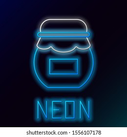 Blue glowing neon line Jar of honey icon isolated on black background. Food bank. Sweet natural food symbol. Colorful outline concept. Vector Illustration