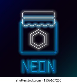 Blue glowing neon line Jar of honey icon isolated on black background. Food bank. Sweet natural food symbol. Colorful outline concept. Vector Illustration