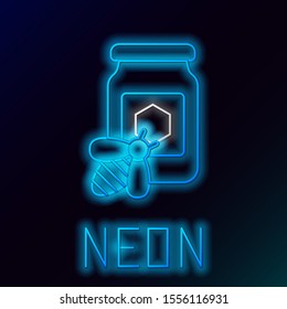 Blue glowing neon line Jar of honey with bee icon on black background. Sweet natural food in bank. Honeybee or apis with wings symbol. Flying insect. Colorful outline concept. Vector Illustration