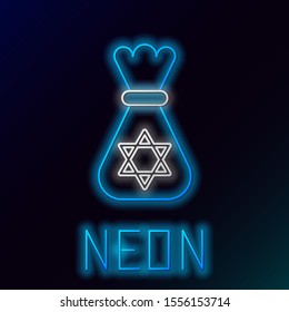 Blue glowing neon line Jewish money bag with star of david icon isolated on black background. Currency symbol. Colorful outline concept. Vector Illustration