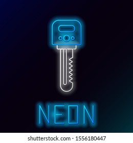 Blue glowing neon line Key icon isolated on black background. Colorful outline concept. Vector Illustration