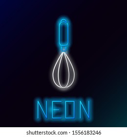 Blue glowing neon line Kitchen whisk icon isolated on black background. Cooking utensil, egg beater. Cutlery sign. Food mix symbol. Colorful outline concept. Vector Illustration